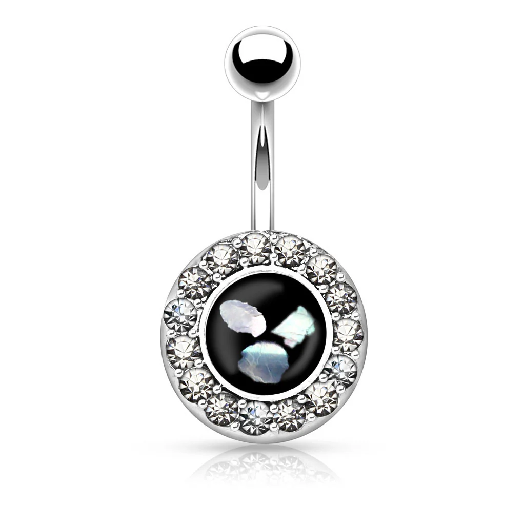Round Crystal Mother of Pearl Surgical Steel Navel Belly Button Rings - Image 3