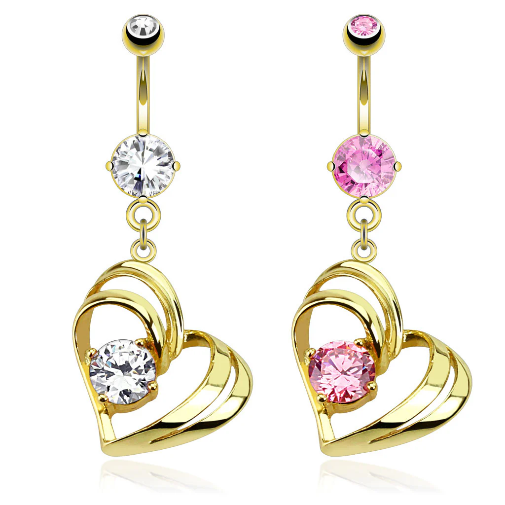 Hollow Heart CZ Dangle 14kt Gold Plated Navel belly Button Ring