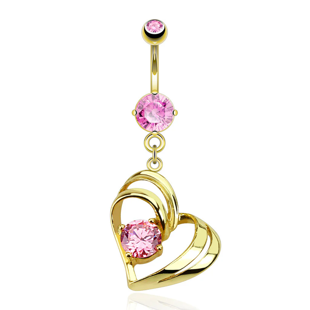 Hollow Heart CZ Dangle 14kt Gold Plated Navel belly Button Ring - Image 3