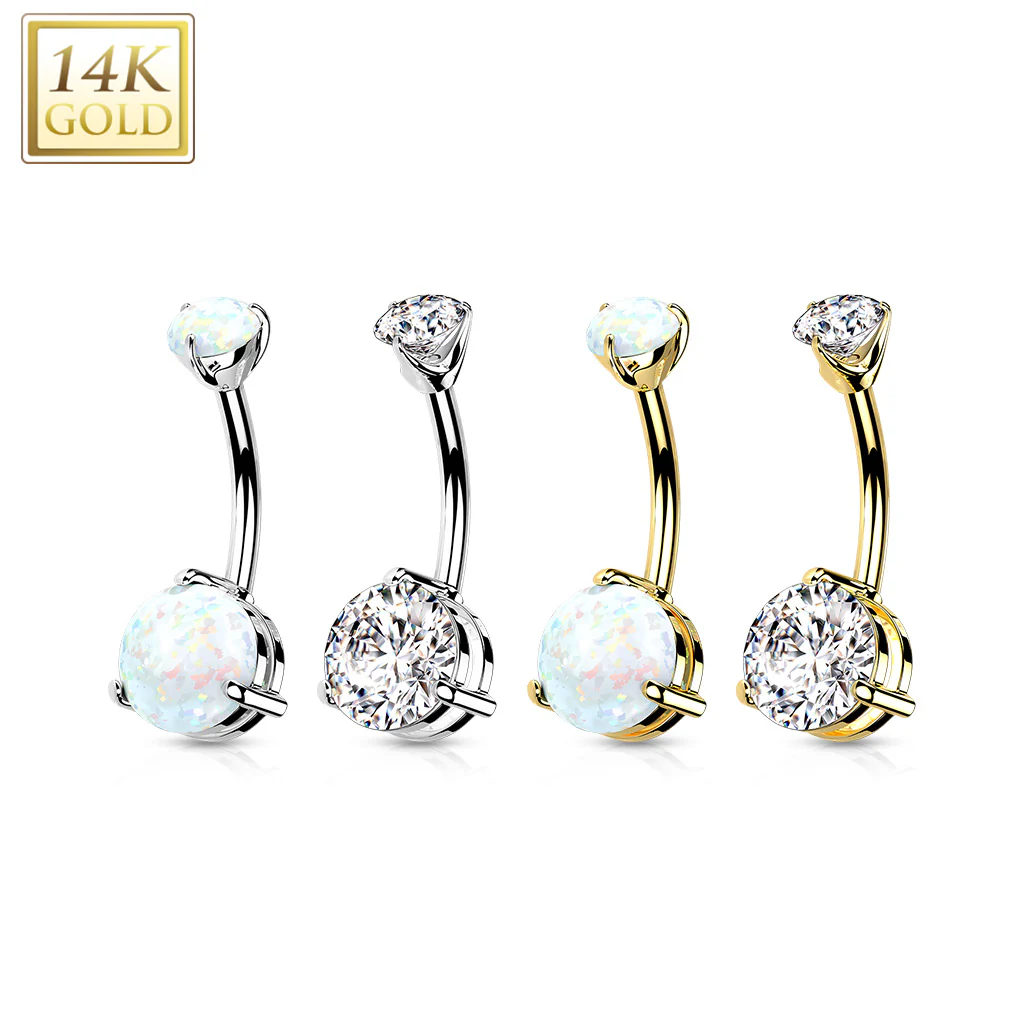 14K Solid Gold CZ Or Opal Stone Belly Button Navel Rings - Image 3