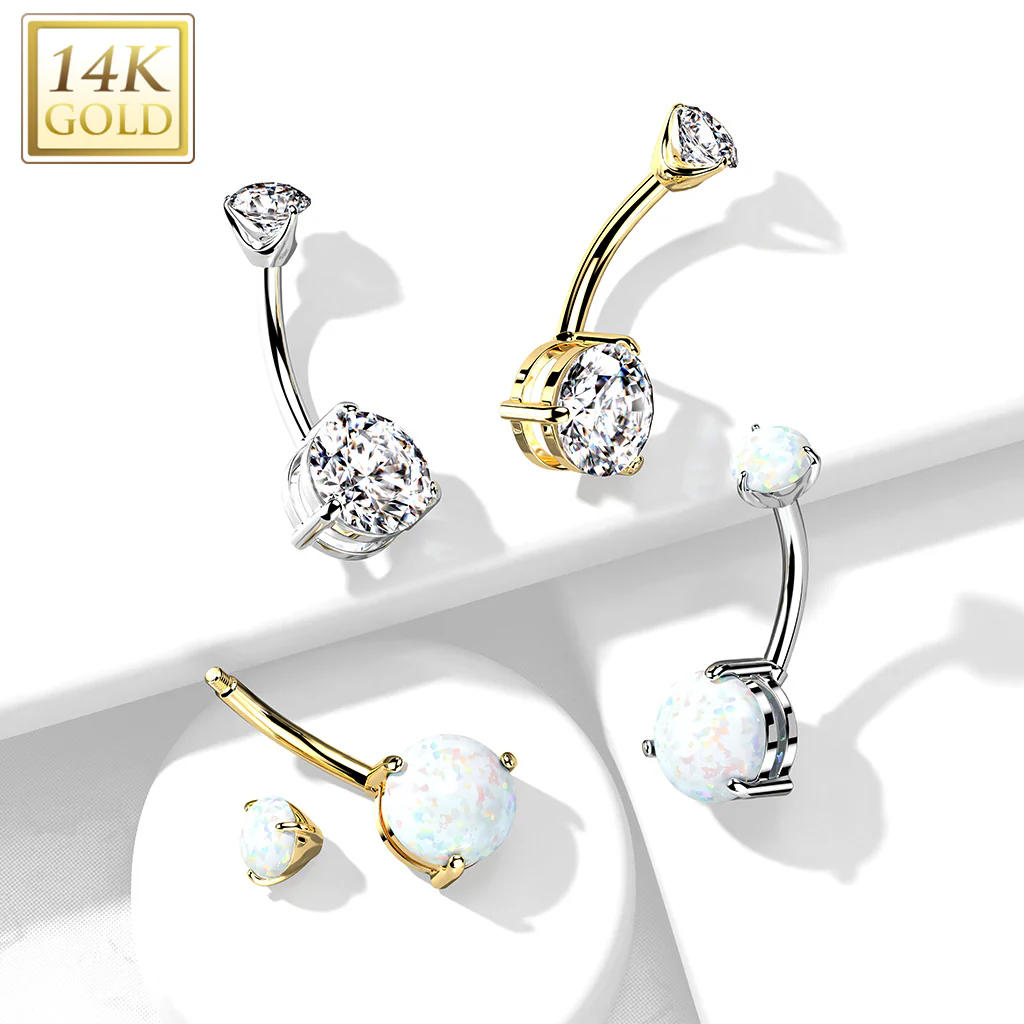 14K Solid Gold CZ Or Opal Stone Belly Button Navel Rings - Image 4