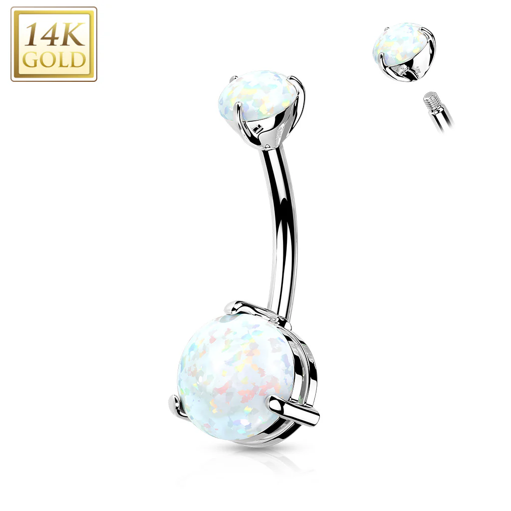 14K Solid Gold CZ Or Opal Stone Belly Button Navel Rings - Image 7