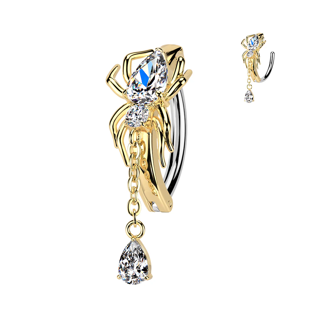 Spider & Tear Drop CZ Dangle Hinged Comfortable Belly Button Ring - Image 2