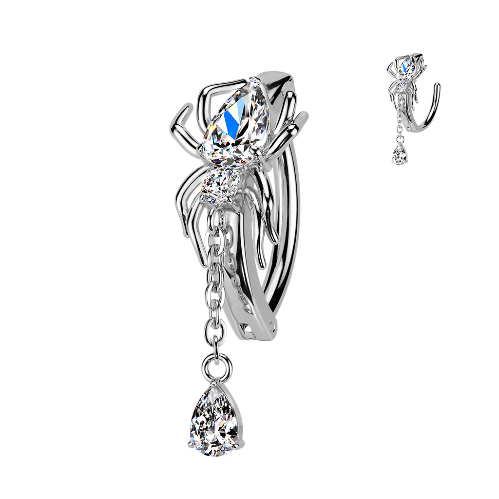 Spider & Tear Drop CZ Dangle Hinged Comfortable Belly Button Ring - Image 3