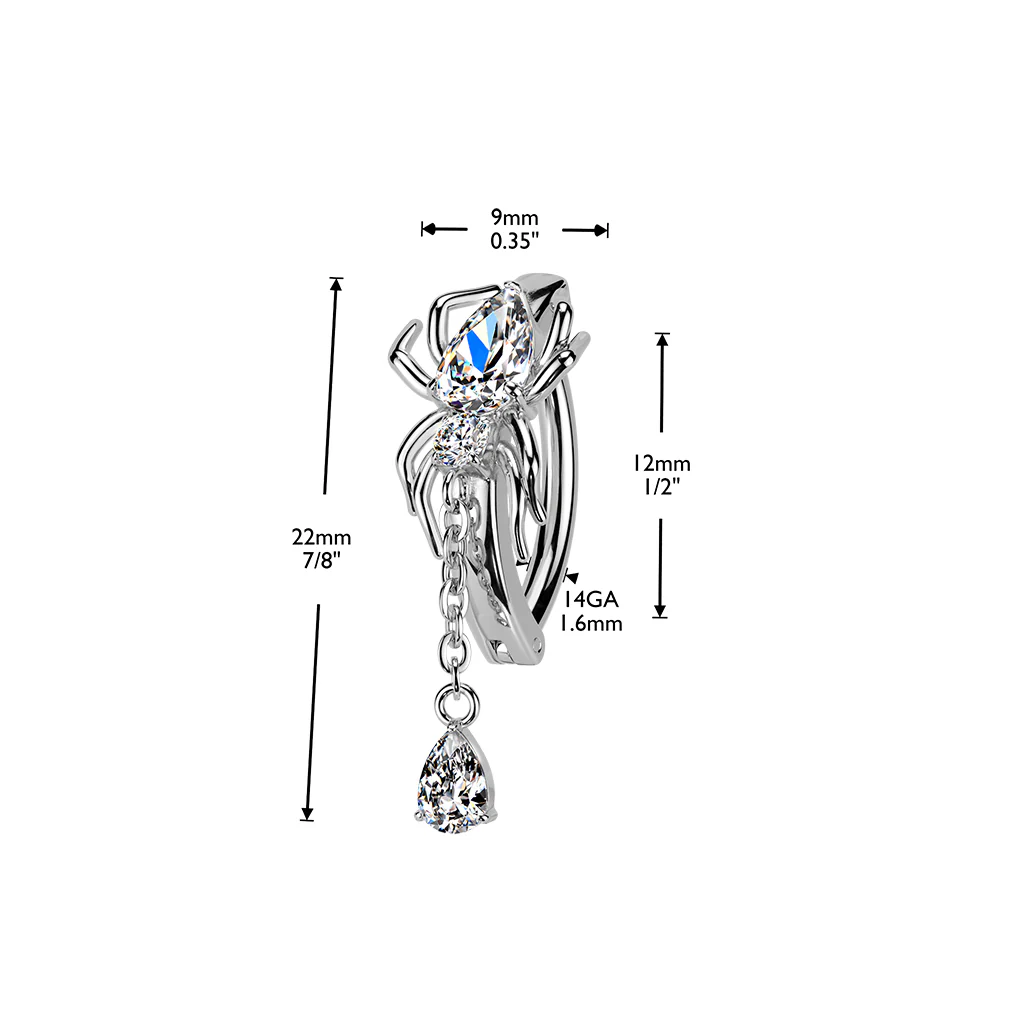 Spider & Tear Drop CZ Dangle Hinged Comfortable Belly Button Ring - Image 4
