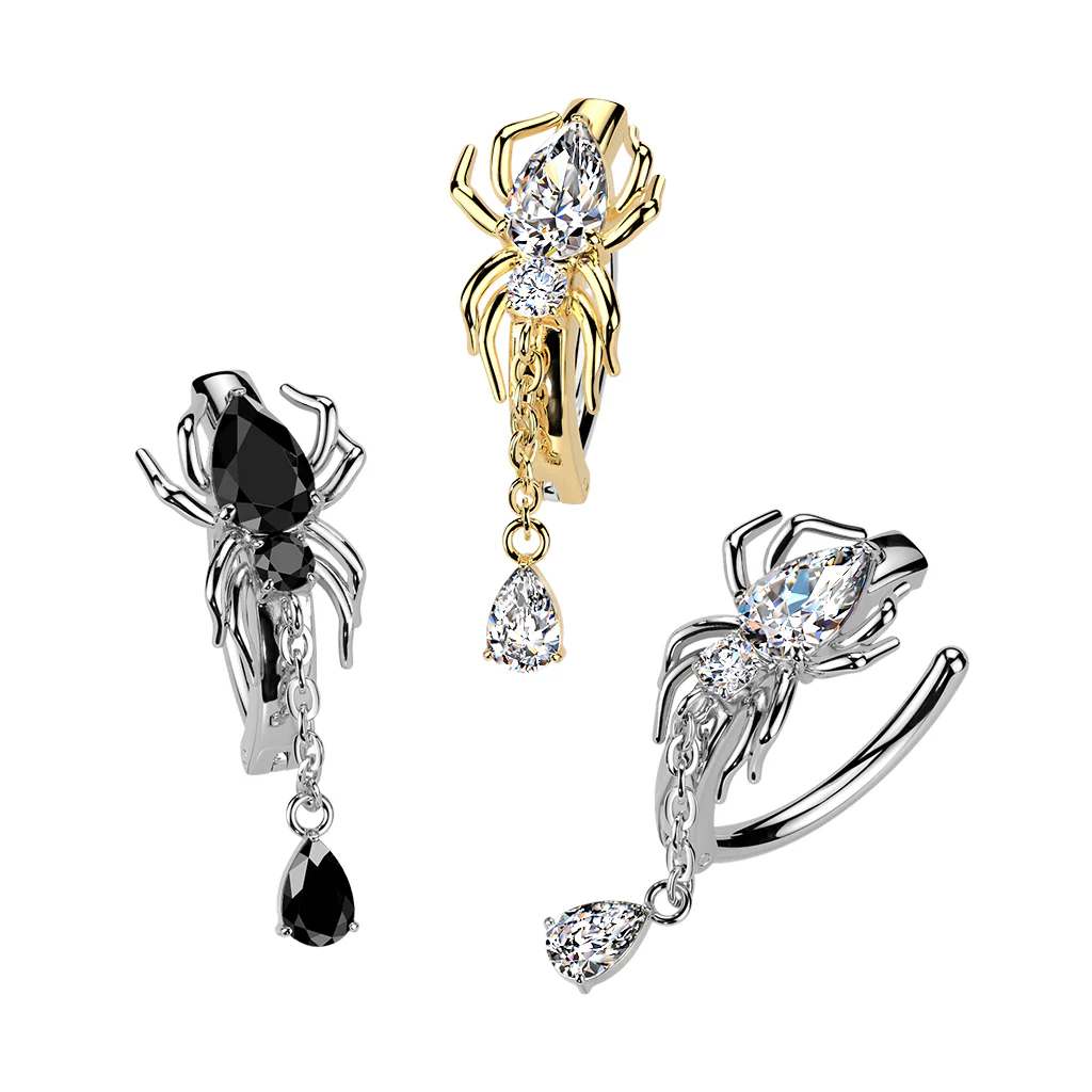 Spider & Tear Drop CZ Dangle Hinged Comfortable Belly Button Ring - Image 5