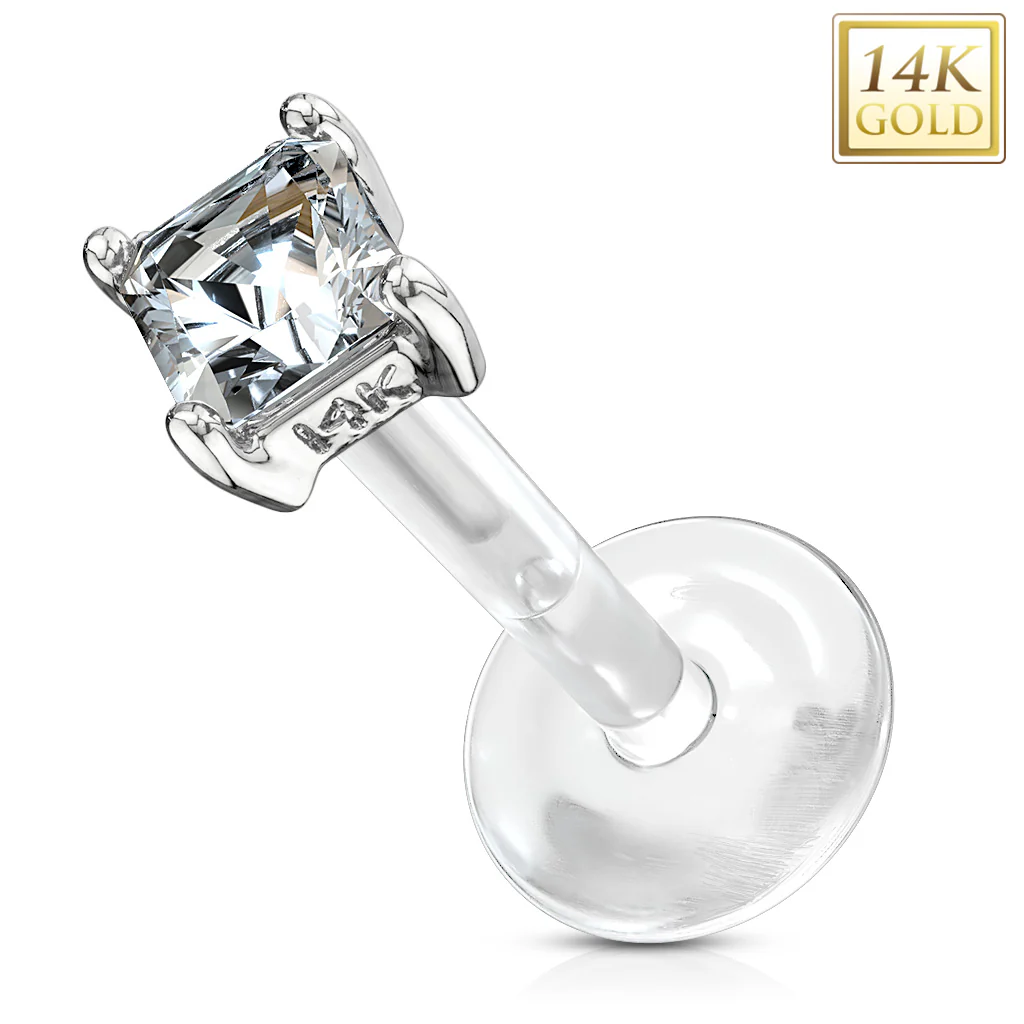 14K Solid Gold Princess Cut PTFE Flex Shaft Labret Monroe Cartilage - Image 4