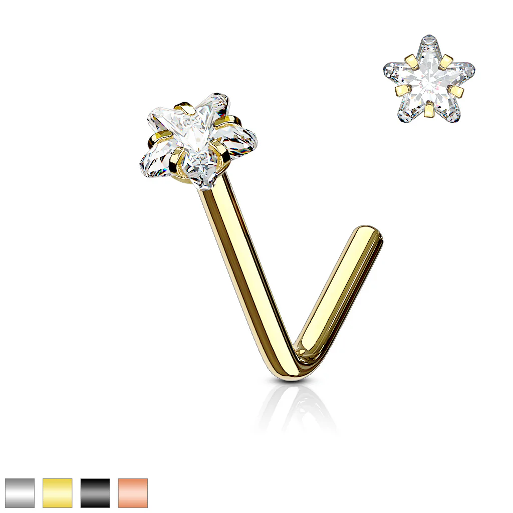 Star CZ Prong Set Gold Rose Gold  "L" Bend Nose Stud Rings