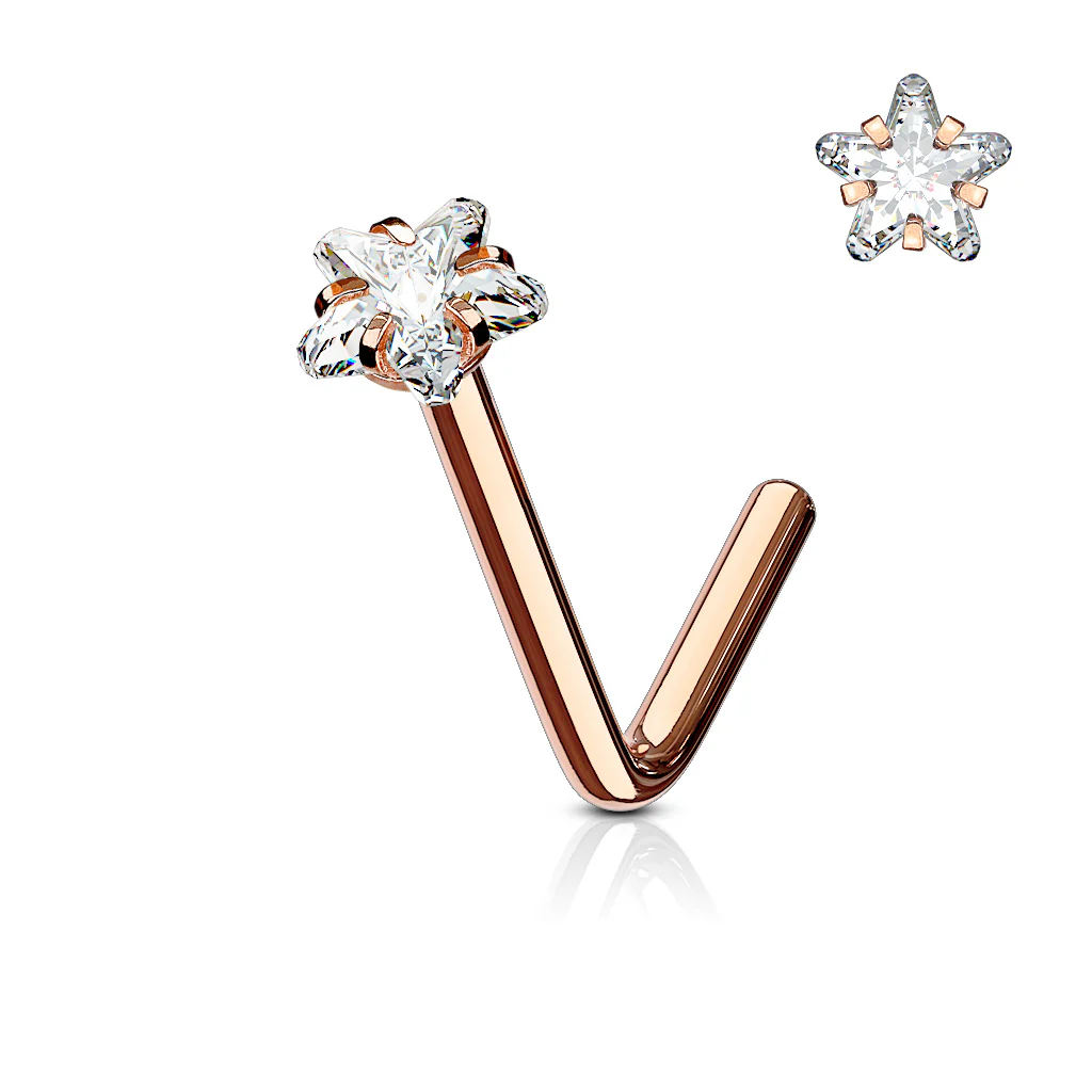 Star CZ Prong Set Gold Rose Gold  "L" Bend Nose Stud Rings - Image 3