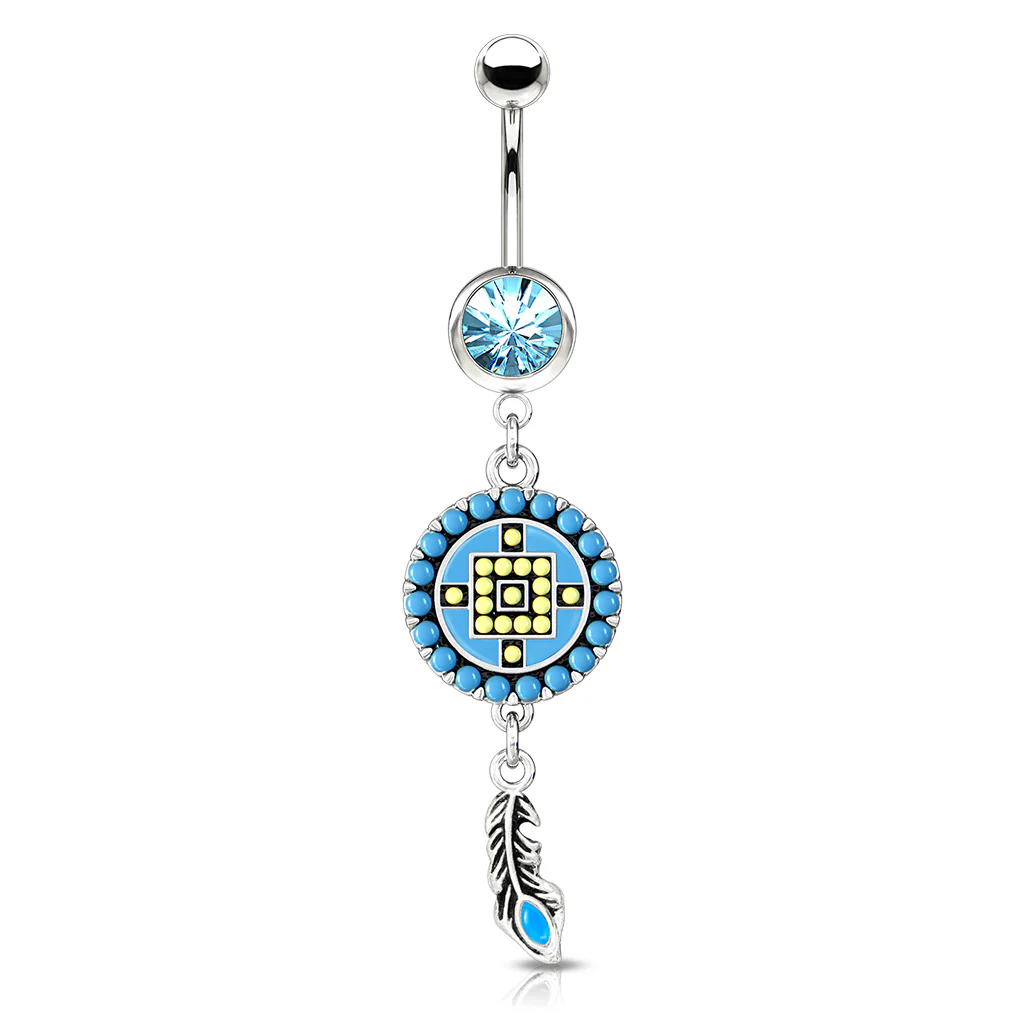 Aztec Turquoise Paved Circle Feather Dangle Surgical Steel Navel Belly Button Ring - Image 2