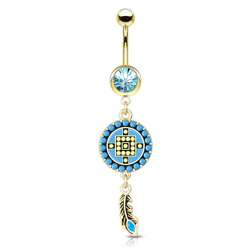 Aztec Turquoise Paved Circle Feather Dangle Surgical Steel Navel Belly Button Ring - Image 3