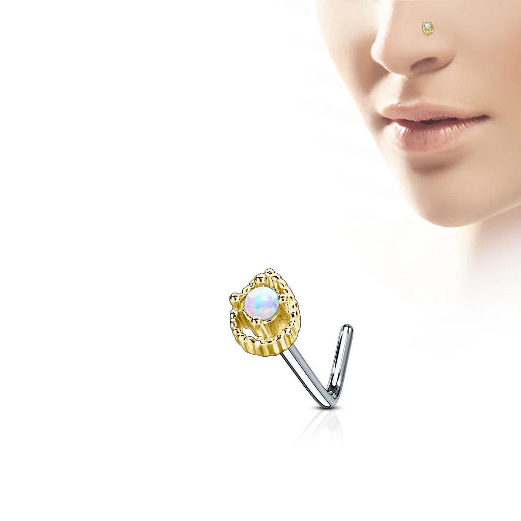 Tear Drop Opal Top Surgical Steel L Bend Nose Stud Rings - Image 2