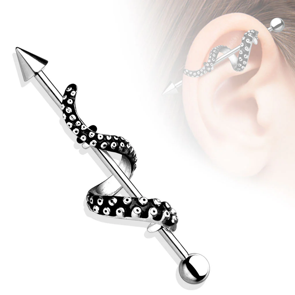 Tentacle Wrapped 316L Surgical Steel Industrial Barbell - Image 3
