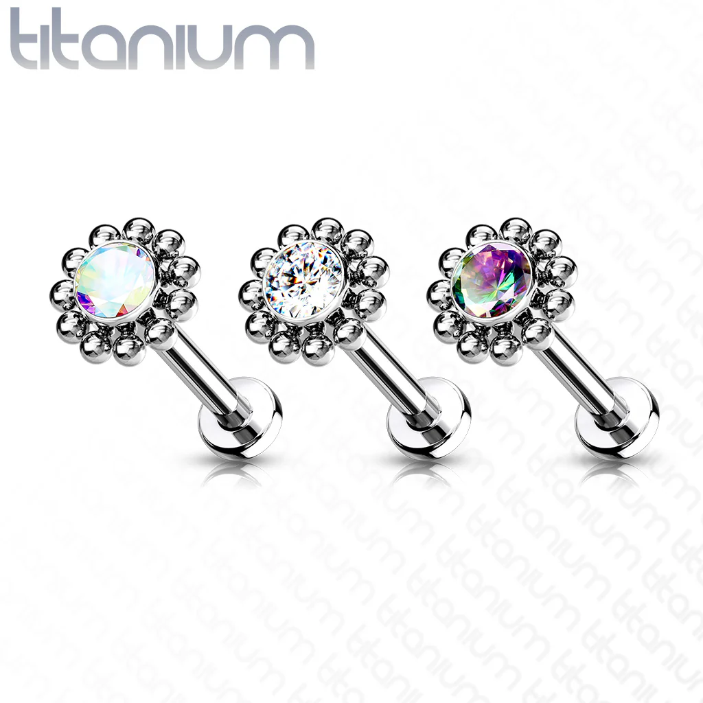 Threadless Push-In Labret Flat Back Flower Stud with CZ Cluster - Image 6