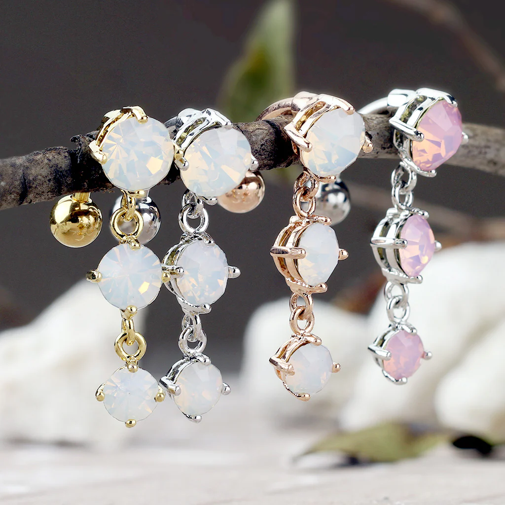 Three Crystals Vertical Drop Belly Button Navel Rings - Image 6
