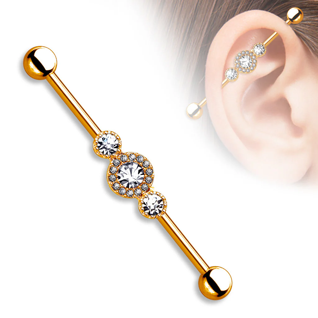 Three CZ Centered Gold IP on Surgical Steel Industrial Barbell - Image 3