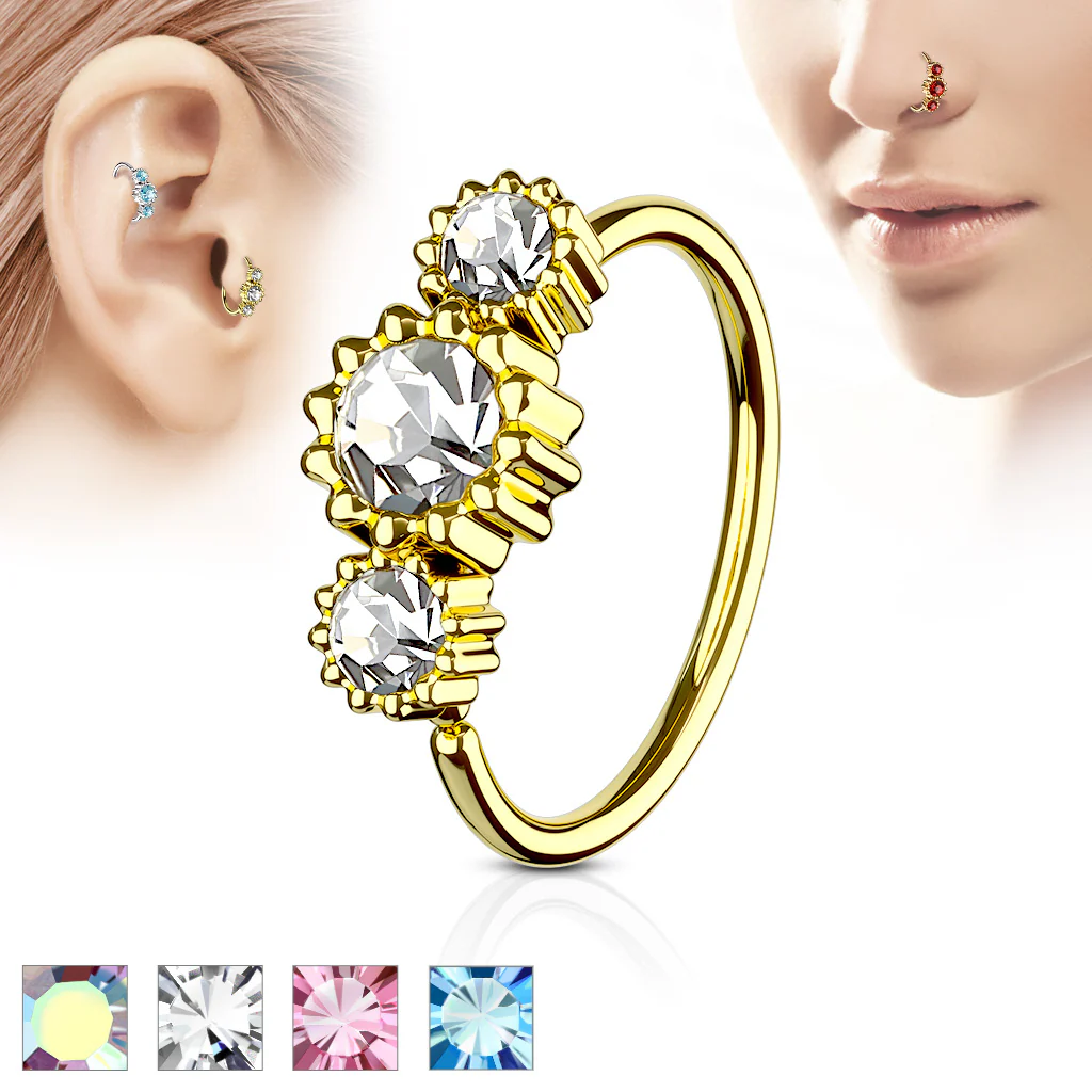 Three CZ Gold IP Ear Cartilage Daith Helix Tragus Nose Rings