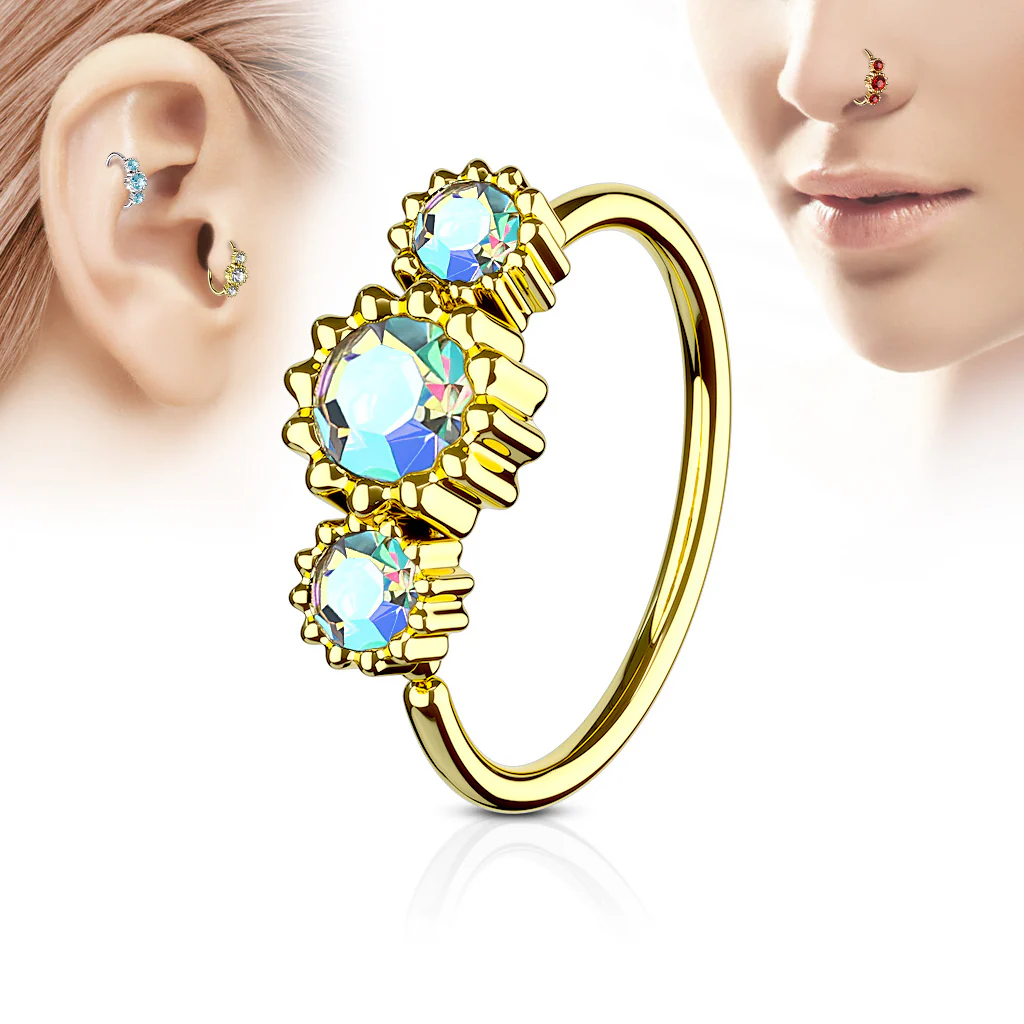 Three CZ Gold IP Ear Cartilage Daith Helix Tragus Nose Rings - Image 2