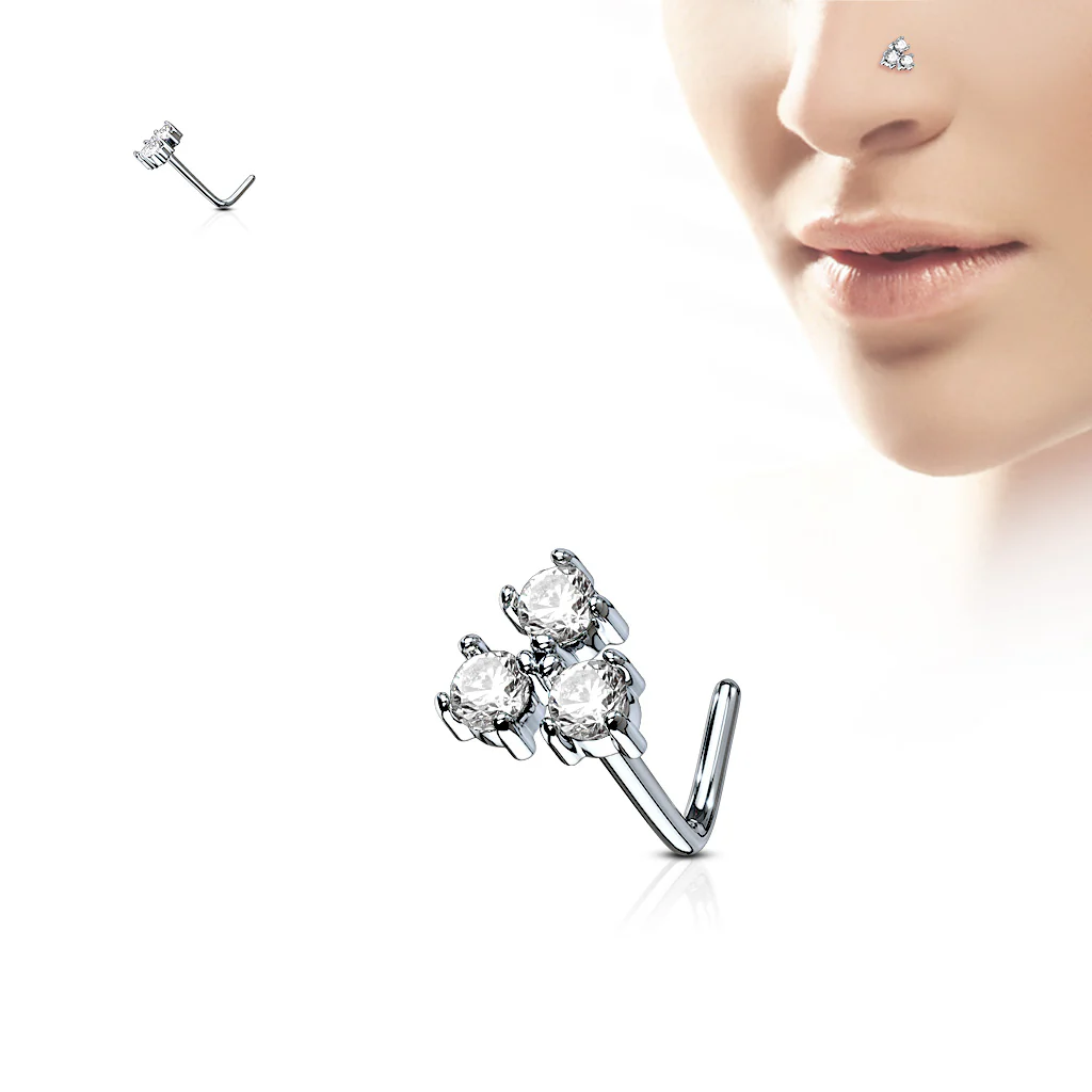 Three CZ Top Surgical Steel L Bend Nose Stud Rings - Image 2