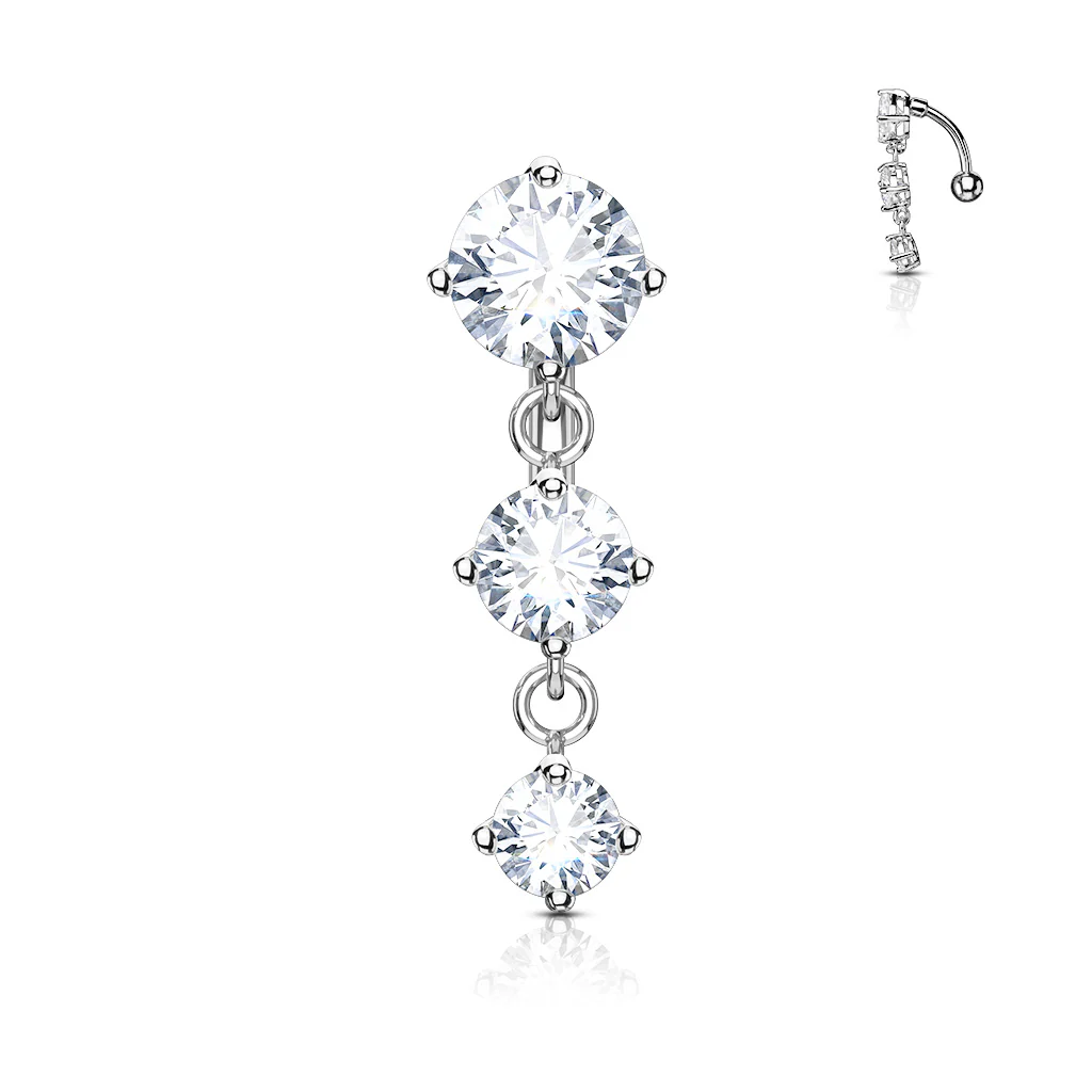 Three CZ Vertical Drop Belly Button Navel Rings - Image 2