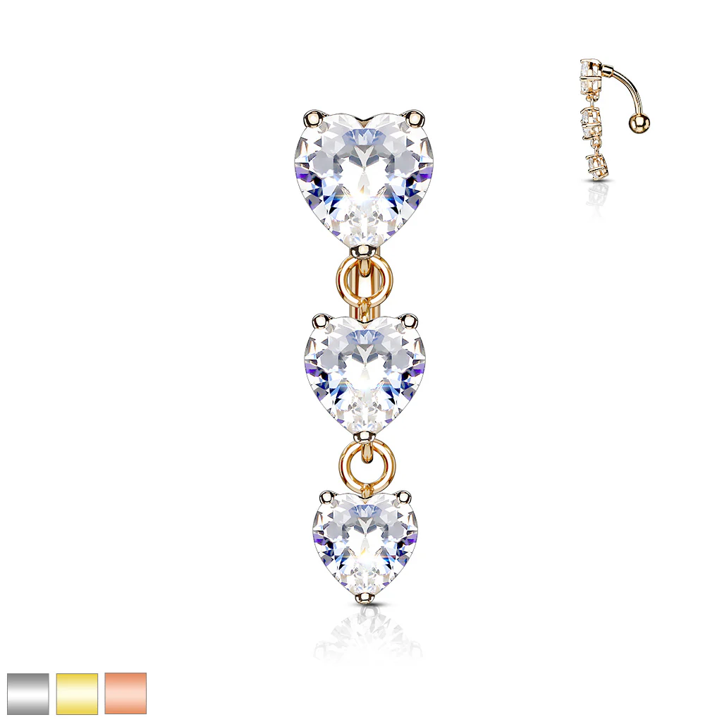 Three Heart CZ Vertical Drop Belly Button Navel Rings