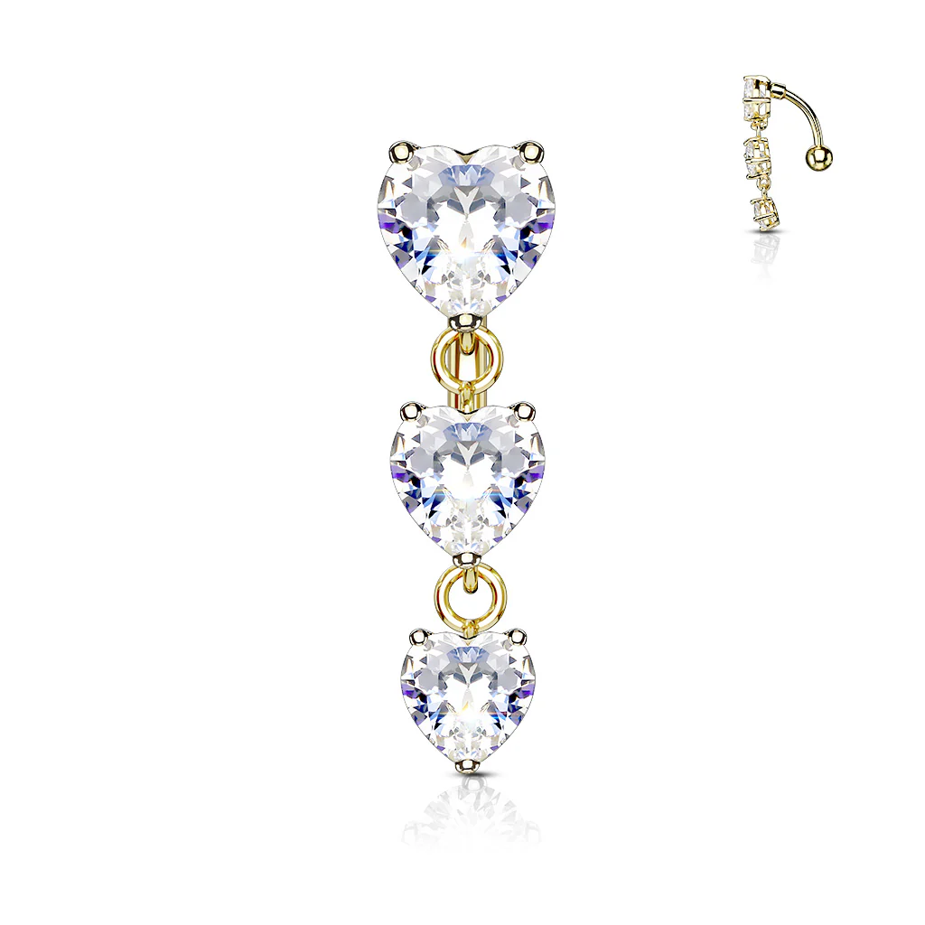Three Heart CZ Vertical Drop Belly Button Navel Rings - Image 3