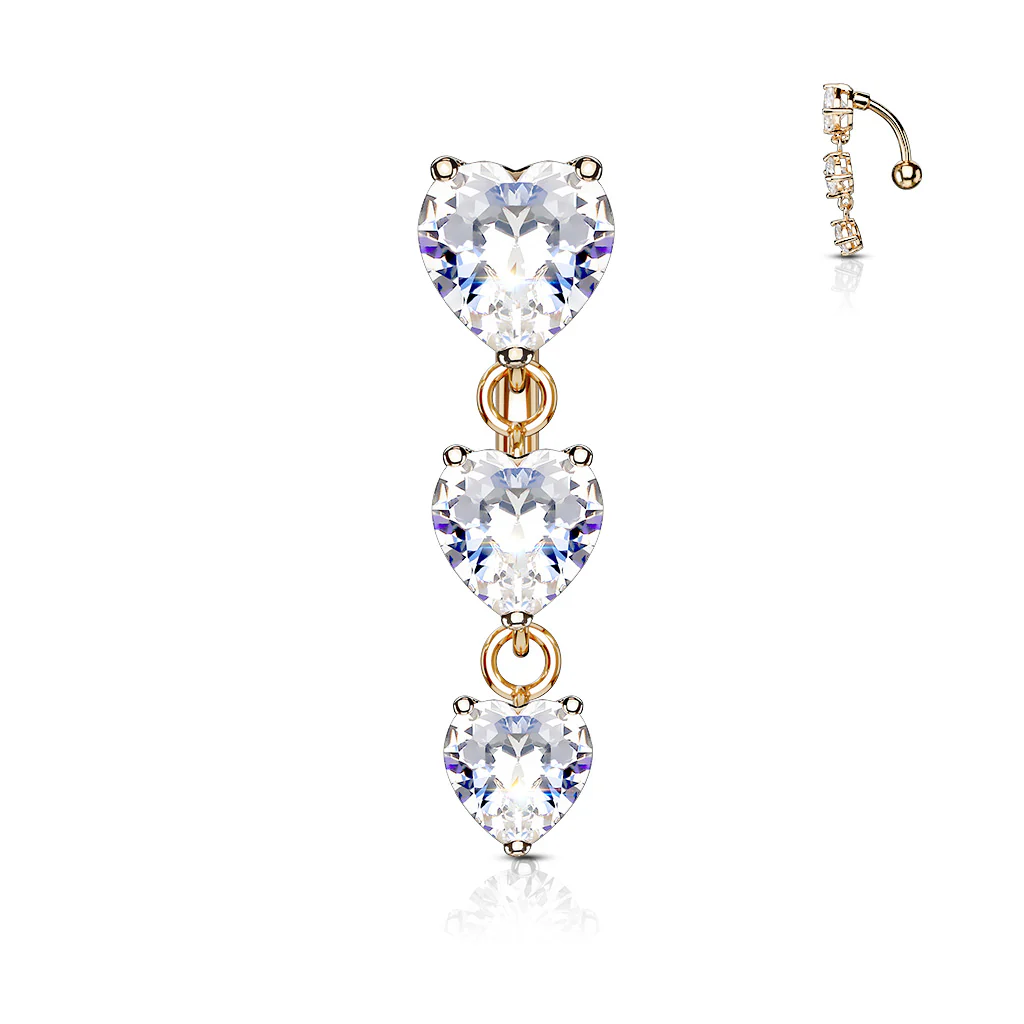 Three Heart CZ Vertical Drop Belly Button Navel Rings - Image 4