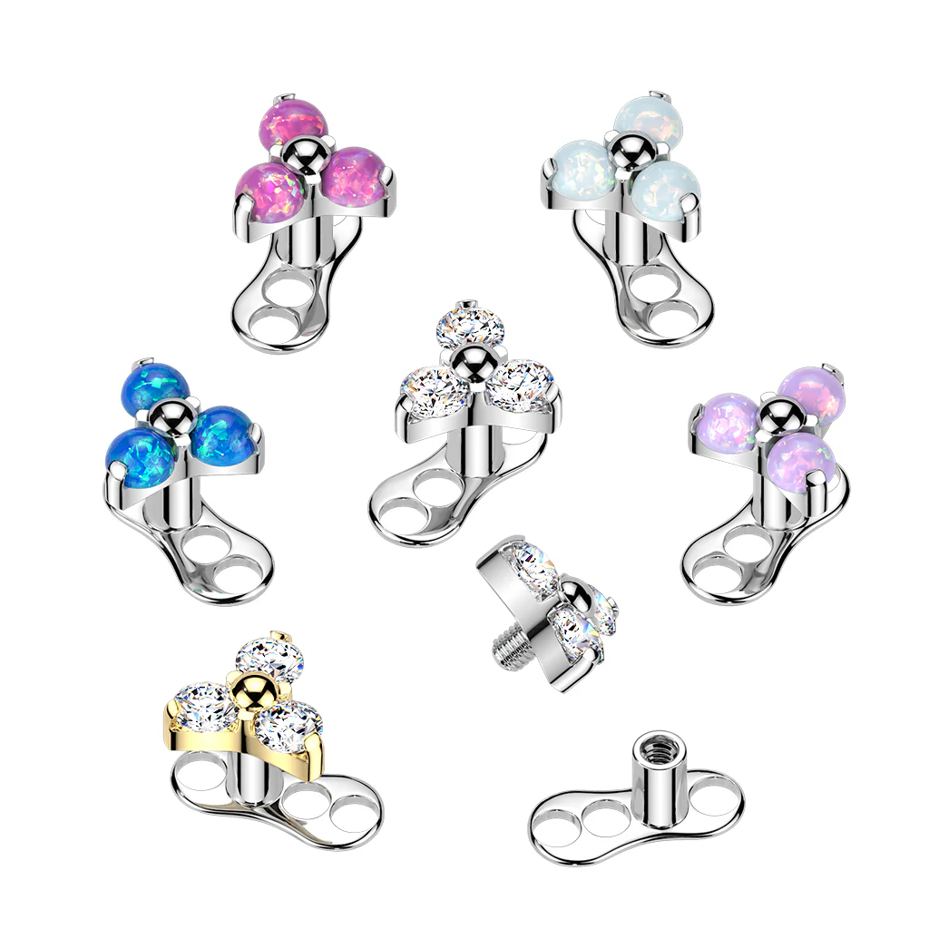 Titanium 3 Hole Dermal Anchor With CZ & Opal Triangle Top - Image 2