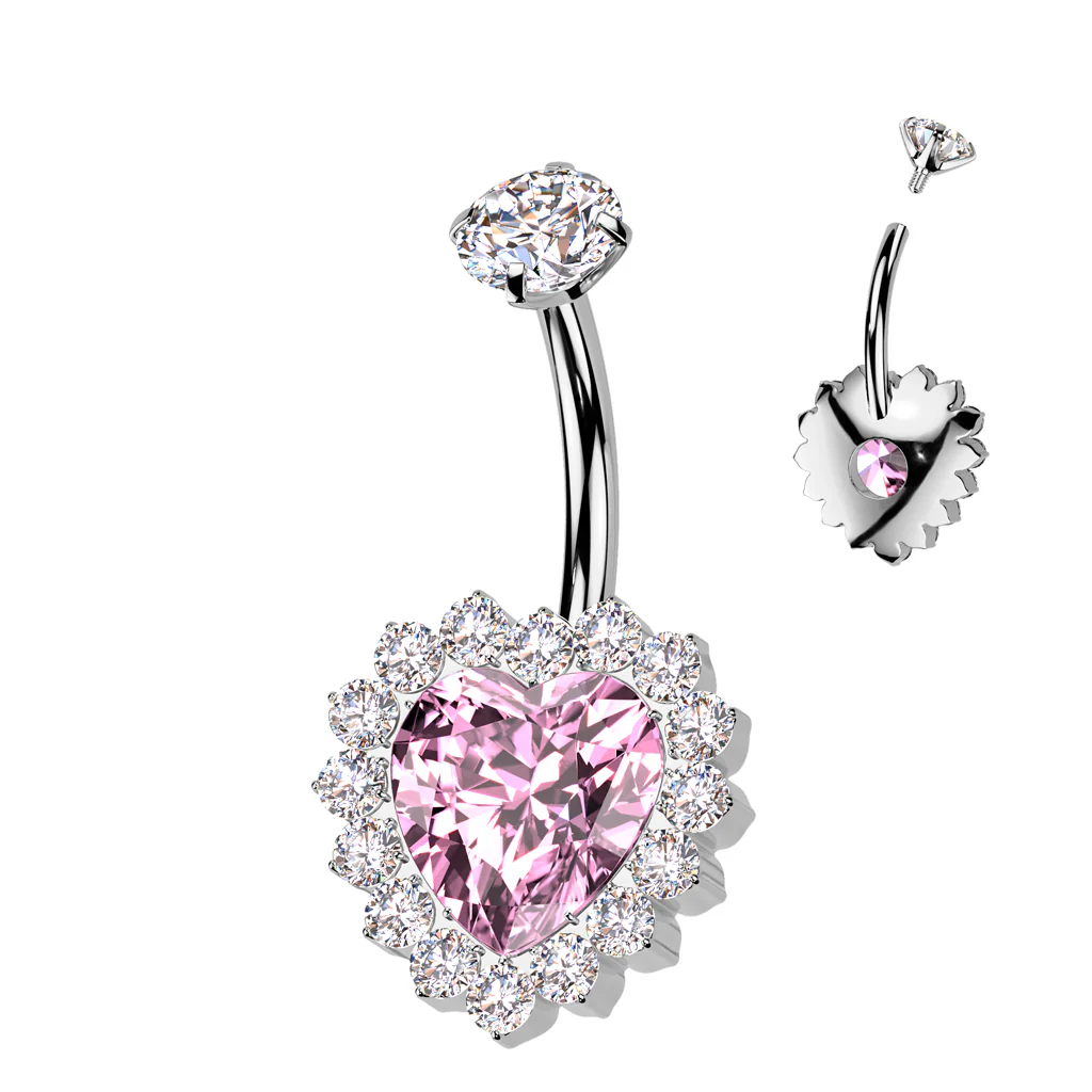 Titanium Belly Button Ring CZ Heart & CNC CZ Pave Edge - Image 4