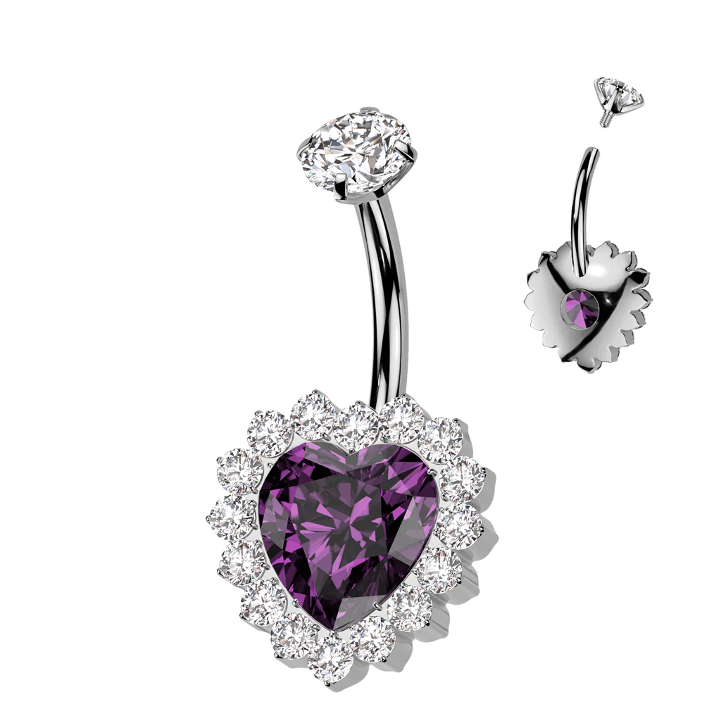 Titanium Belly Button Ring CZ Heart & CNC CZ Pave Edge - Image 7