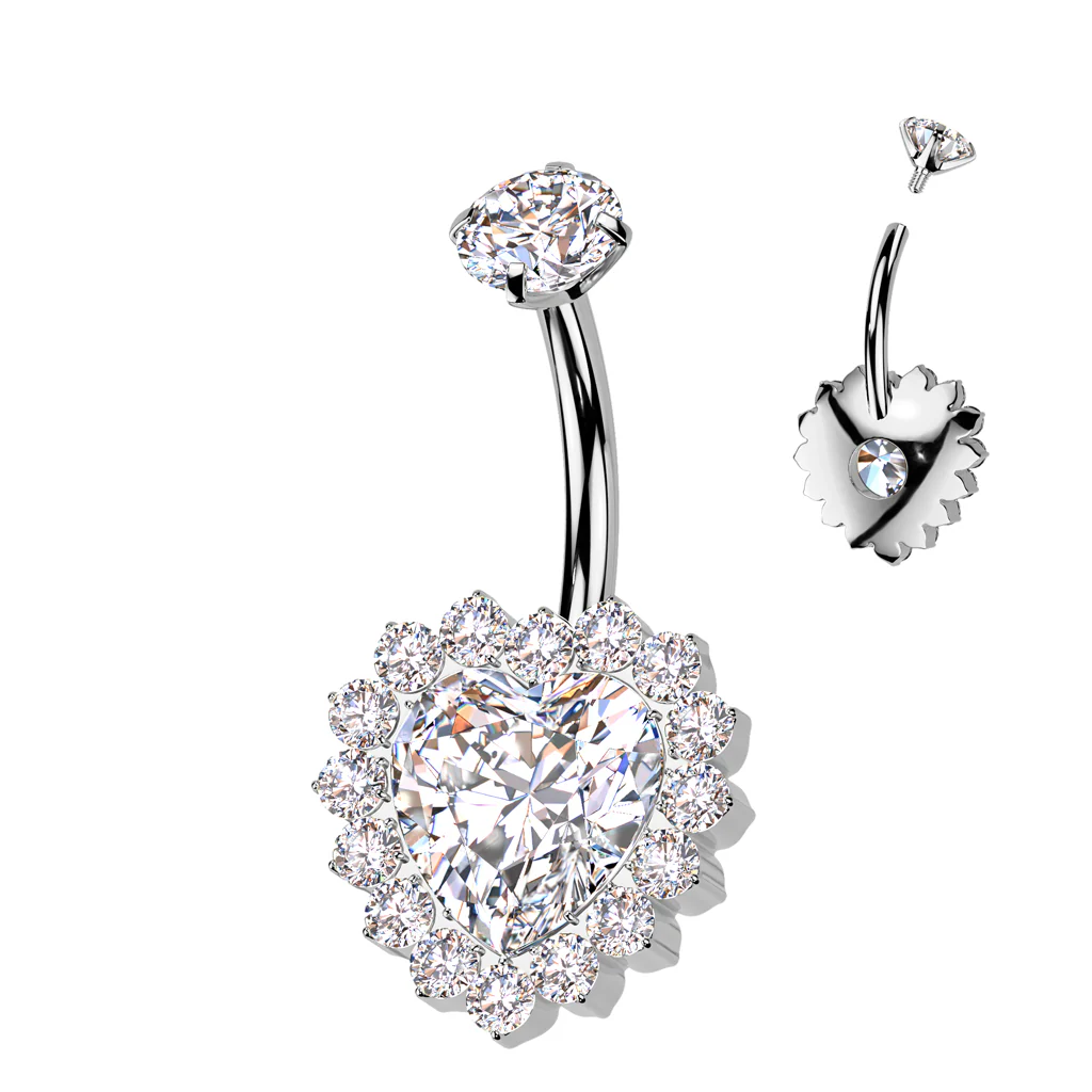 Titanium Belly Button Ring CZ Heart & CNC CZ Pave Edge - Image 8