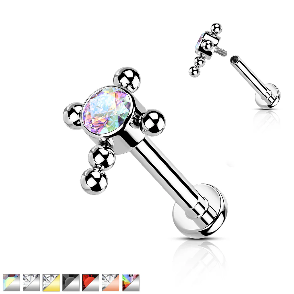 Titanium Bezel Set CZ Beaded Ball Cross Top Labret Ear Cartilage Tragus - Image 11