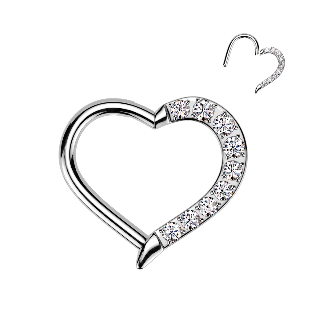 Titanium CNC CZ Heart Hinged Segment Hoop Ring Nose Septum Cartilage - Image 2