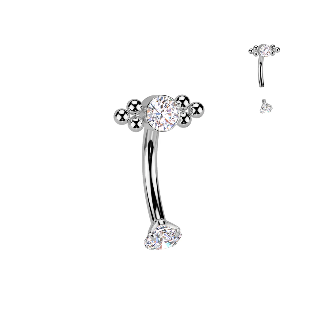Titanium CZ & Ball Cluster Top Curved Eyebrow Barbell Ear Piercing - Image 2