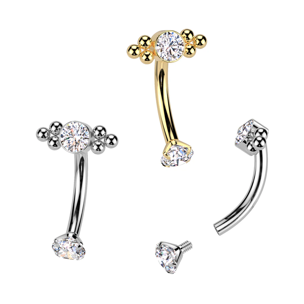 Titanium CZ & Ball Cluster Top Curved Eyebrow Barbell Ear Piercing - Image 3