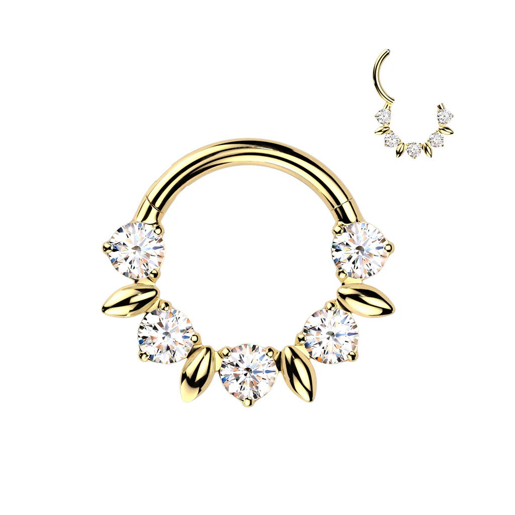 Titanium Hinged CZ And Leaves Segment Hoop Ring for Nose Lobe Helix - Image 4