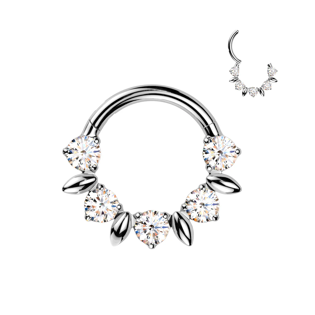 Titanium Hinged CZ And Leaves Segment Hoop Ring for Nose Lobe Helix - Image 5