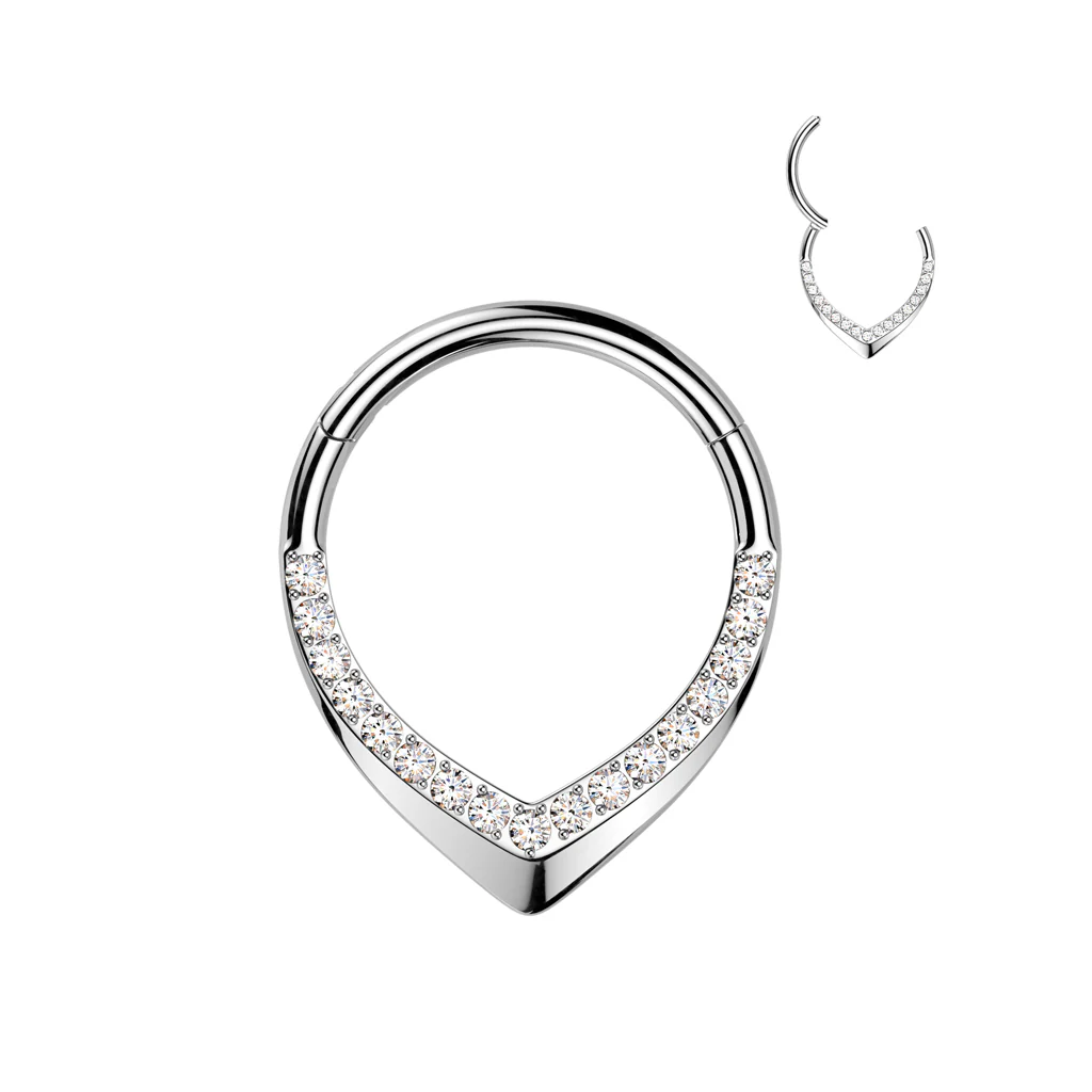 Titanium Hinged CZ Pave Teardrop Segment Hoop Ring for Nose Lobe Helix