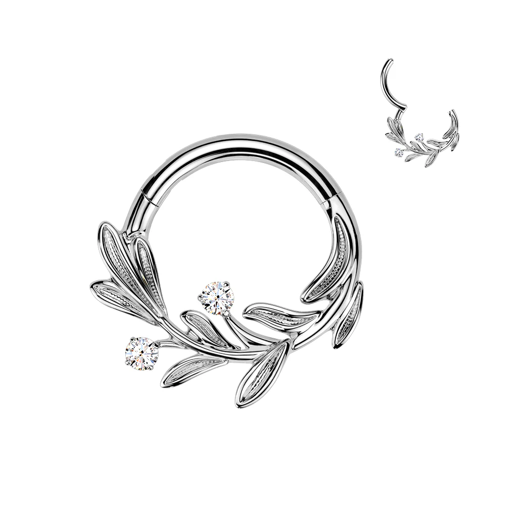 Titanium Hinged Olive Leaf CZ Segment Hoop Ring For Daith Septum Cartilage - Image 2