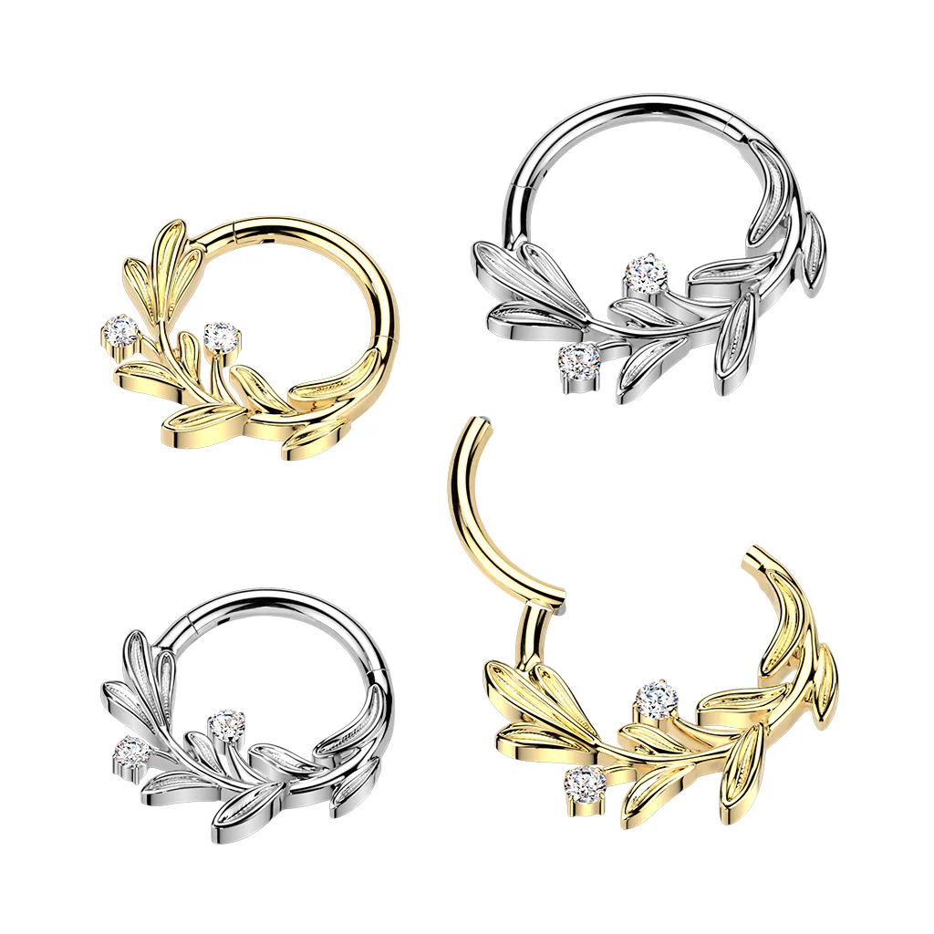 Titanium Hinged Olive Leaf CZ Segment Hoop Ring For Daith Septum Cartilage - Image 5