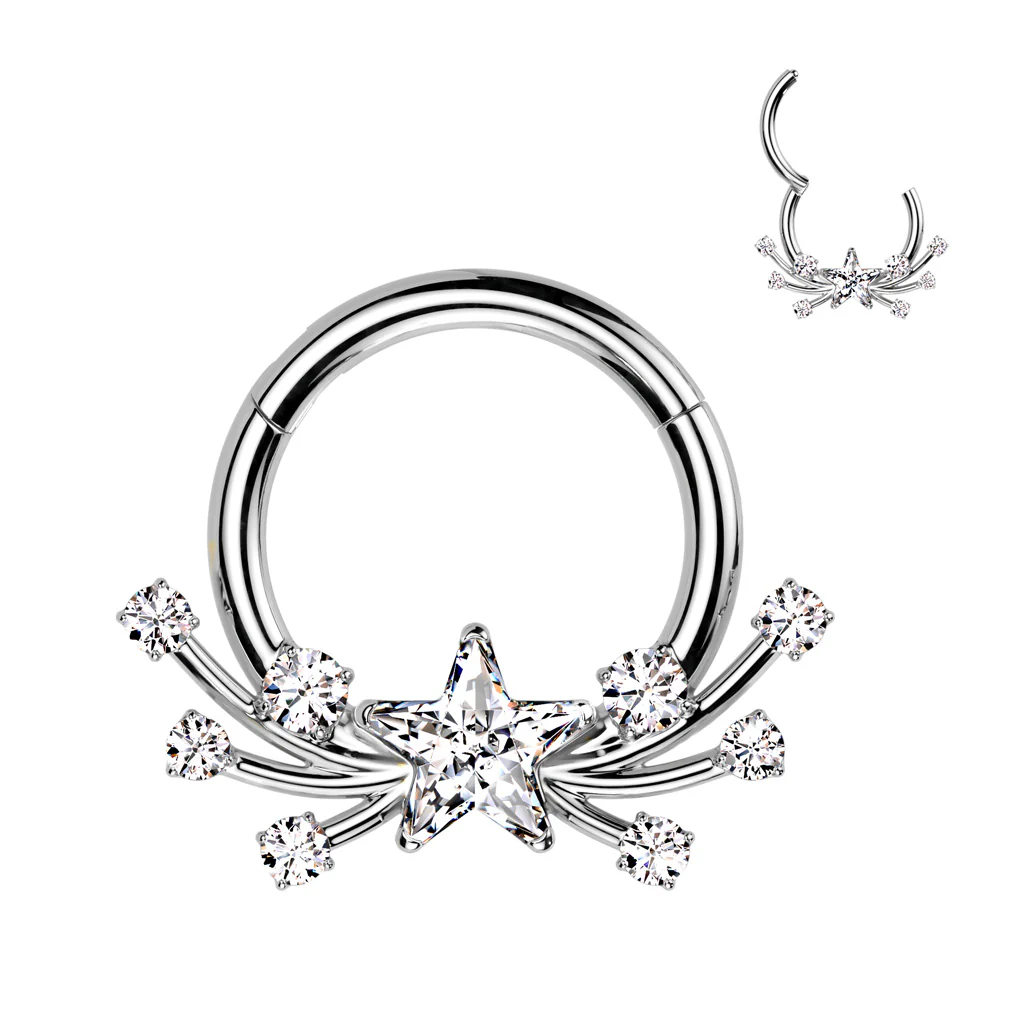 Titanium Hinged Segment Hoop Ring CZ Star Center For Nose Septum Cartilage - Image 2