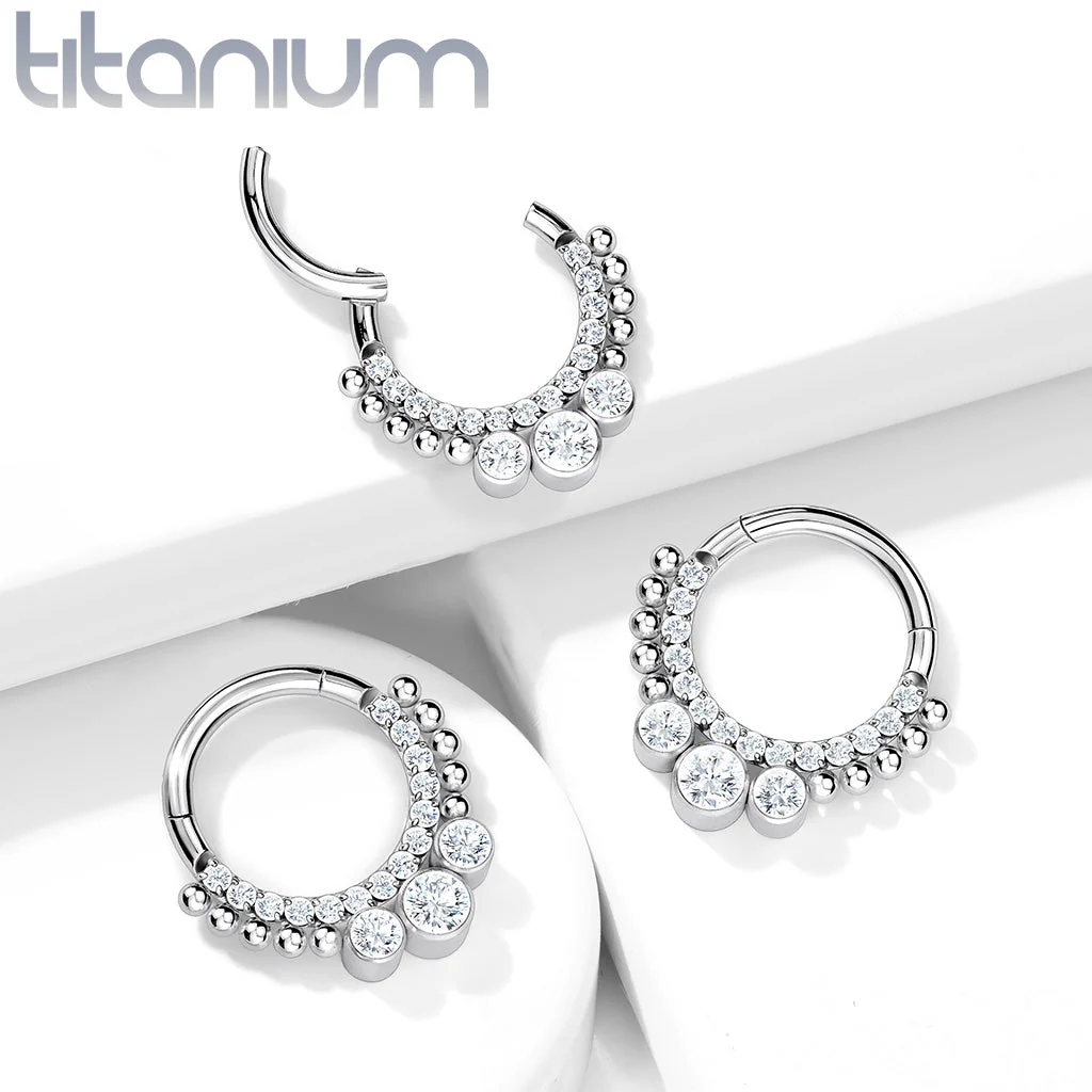 Titanium Hinged Segment Hoop Ring 3 Bezel CZ For Nose Septum Cartilage - Image 4