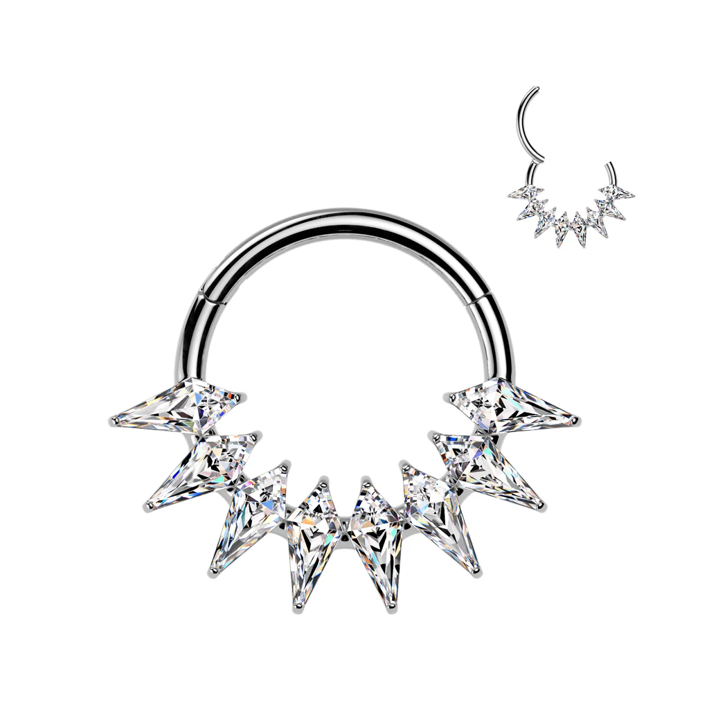 Titanium Hinged Spear CZ Fan Segment Hoop Ring for Nose Lobe Helix