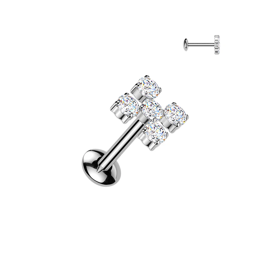 Titanium Internally Threaded 5 CZ Cross Labret Stud Tragus Lobe Helix - Image 2