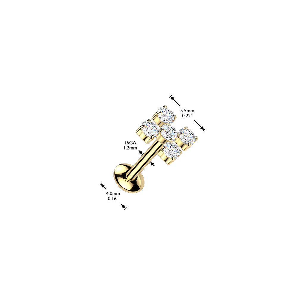 Titanium Internally Threaded 5 CZ Cross Labret Stud Tragus Lobe Helix - Image 3