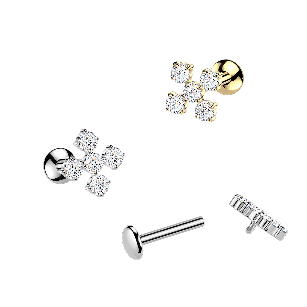 Titanium Internally Threaded 5 CZ Cross Labret Stud Tragus Lobe Helix - Image 4