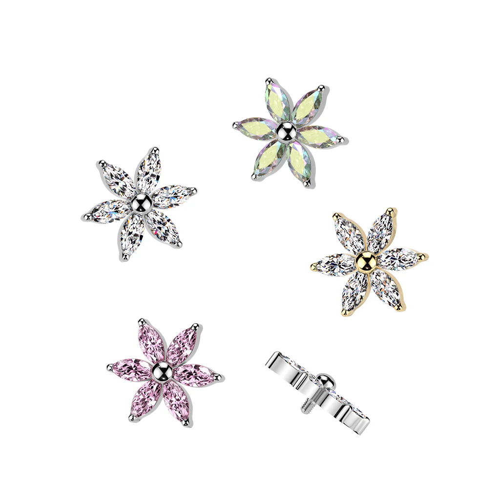 Titanium Internally Threaded 6 Marquise CZ Flower Top Dermal Anchor Top - Image 2