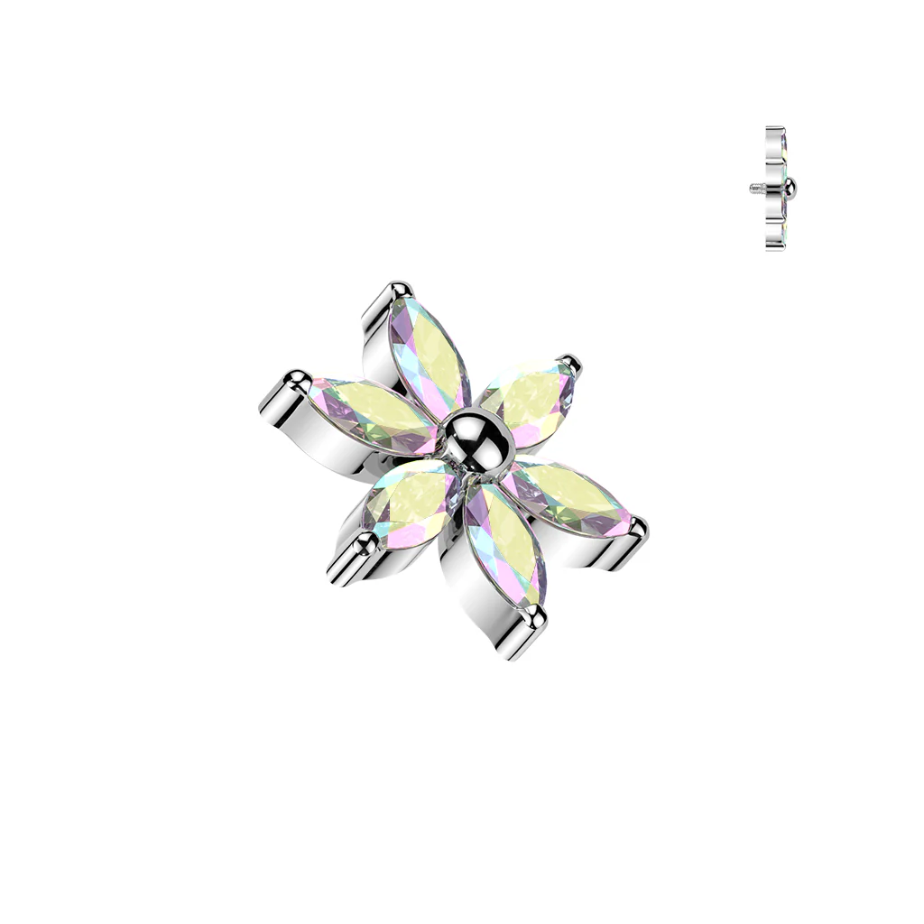 Titanium Internally Threaded 6 Marquise CZ Flower Top Dermal Anchor Top - Image 3