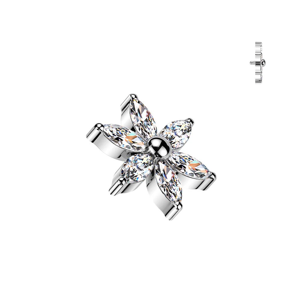 Titanium Internally Threaded 6 Marquise CZ Flower Top Dermal Anchor Top - Image 6