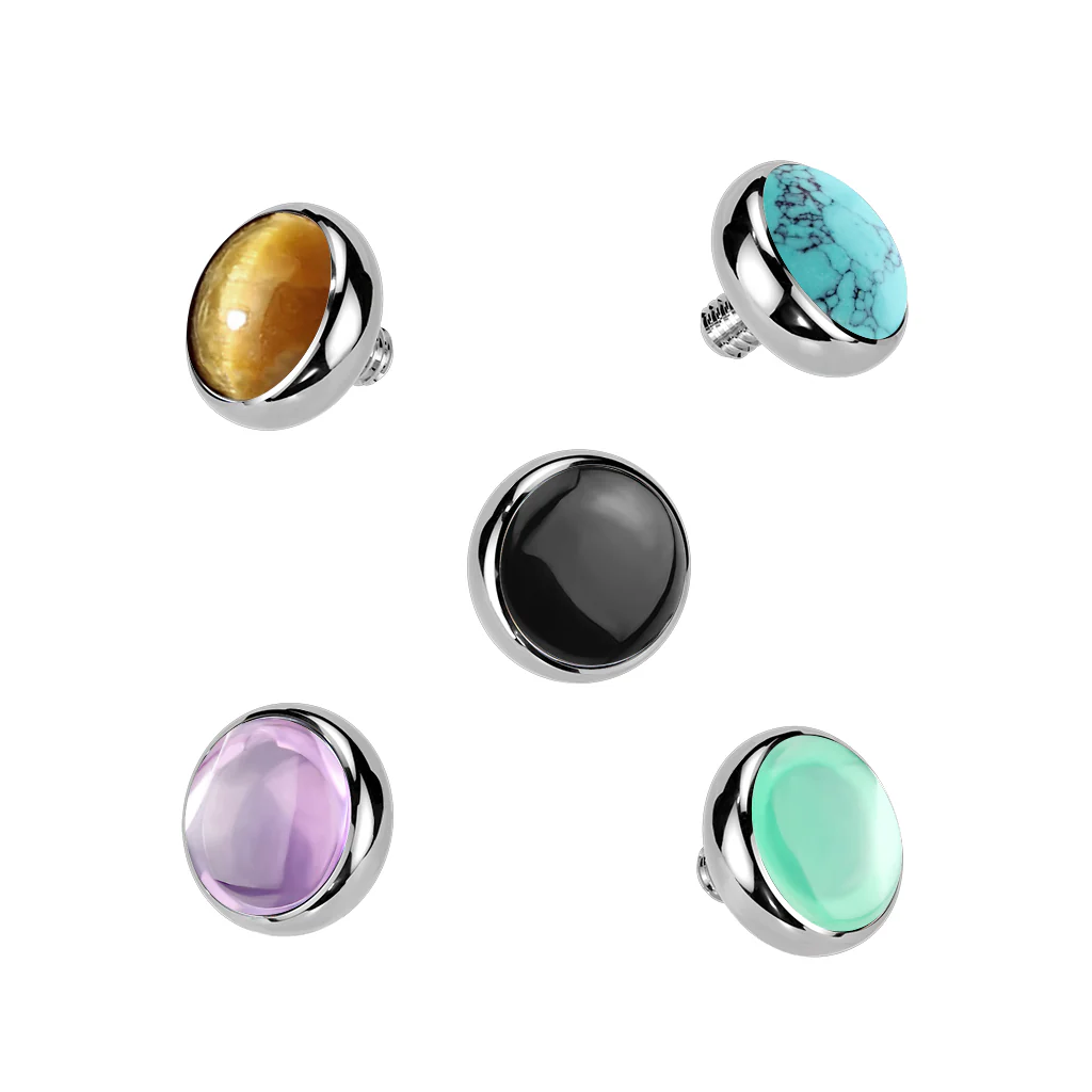 Titanium Internally Threaded Flat Bezel Natural Stone Dermal Anchor Top